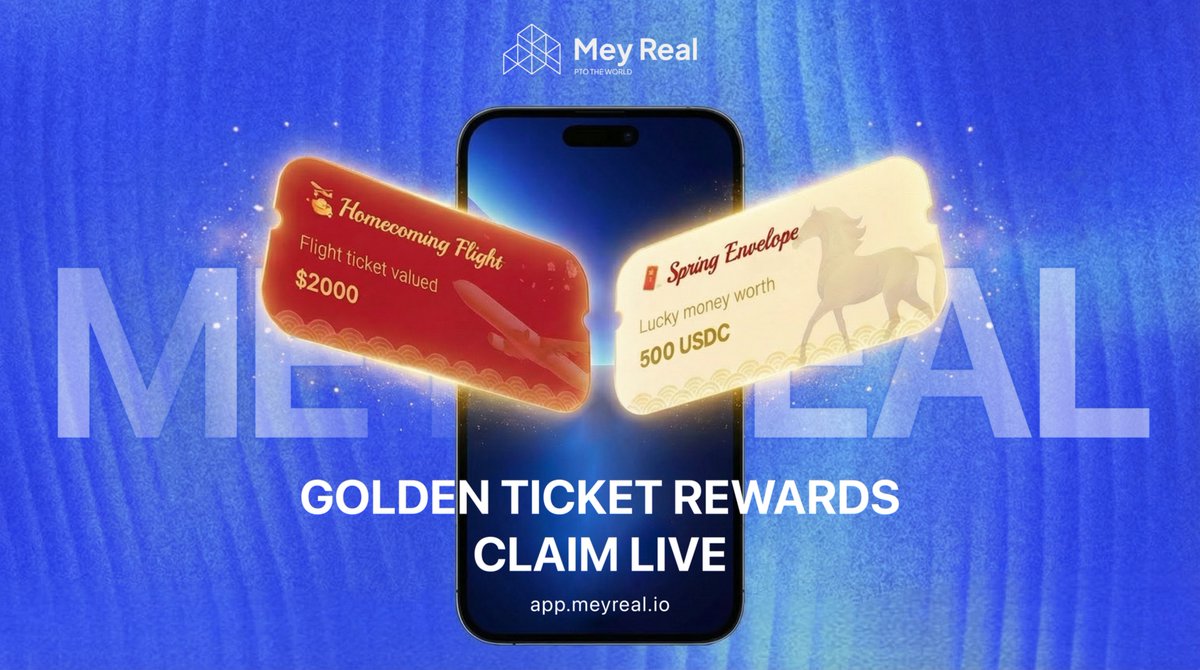 This Just In: Golden Ticket rewards are live.

If you pulled one during our first-ever PTO 🏡, here’s how to claim:

1) $500 USDC raffle winners can connect wallet to claim via coupon.
2) $2K USDC grand prize winner, DM <a href="/MeyReal_io/">meyreal.io</a> to claim.

Congrats to the winners!