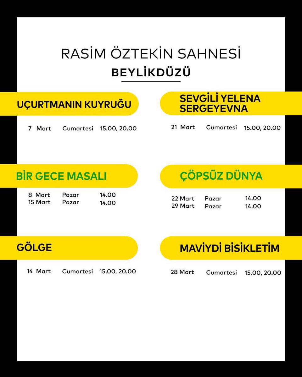 Avrupa Yakası sahnelerimizde Mart ayı programımız sizlerle. 💛

Mart ayı biletlerimizi, 24 Şubat Salı günü saat 11.00’den itibaren web sayfamızdan, gişelerimizden ve biletinial platformundan satın alabilirsiniz.

Sanatla dolu günlerde buluşmak dileğiyle. 🎭

#ŞehirTiyatroları