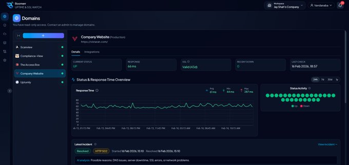 Vandanaba17's tweet photo. 🚀 What you can do with Boomerr today

✔️ Monitor domain uptime (UP / DOWN)
✔️ Track SSL expiry &amp; get alerts before expiry
✔️ Real-time status updates (no refresh needed)
✔️ Automatic incident creation when domains go DOWN
Built to reduce monitoring noise and speed up response. https://t.co/ESMHGUKss6
