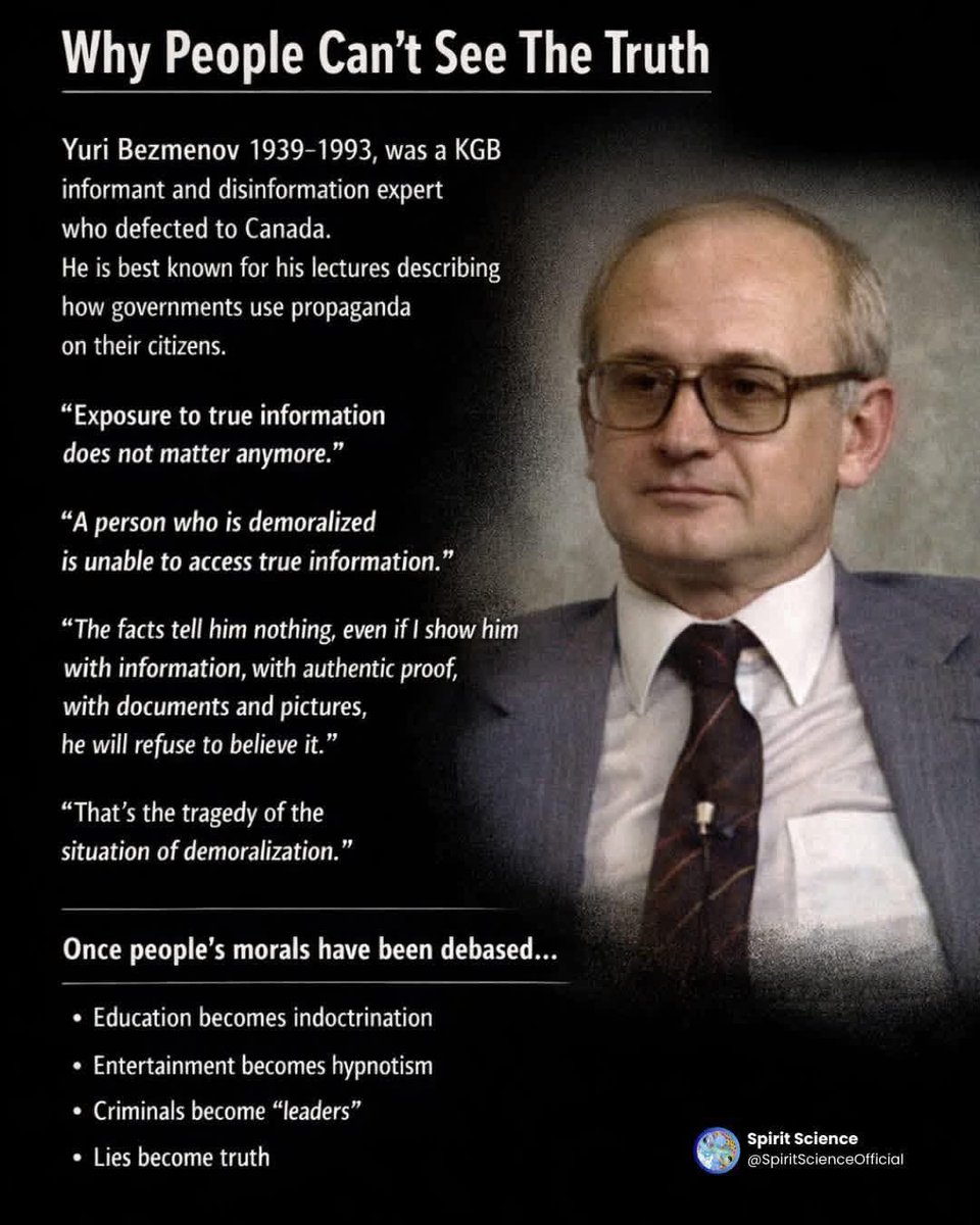 When Yuri Besmenov was interviewed by Griffin in 1984, he explained the concept of ideological subversion and the various stages. 

1. Demoralization (15–20 Years) 
• Definition: The systematic undermining of a society’s moral, ethical, and cultural foundations.
• Goal: To