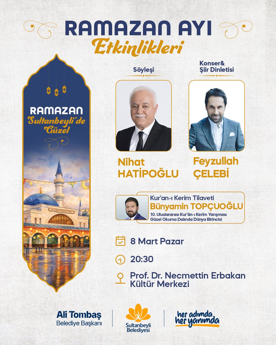 Ramazan Sultanbeyli’de Güzel🌙✨

Kur’an-ı Kerim tilavetinden şiir dinletilerine, ilham veren söyleşilerden ezgilerle dolu konserlere kadar özenle hazırladığımız dopdolu bir Ramazan takvimi sizleri bekliyor. 🎙️

Bu manevi iklimi beraber paylaşmak için tüm komşularımızı davet