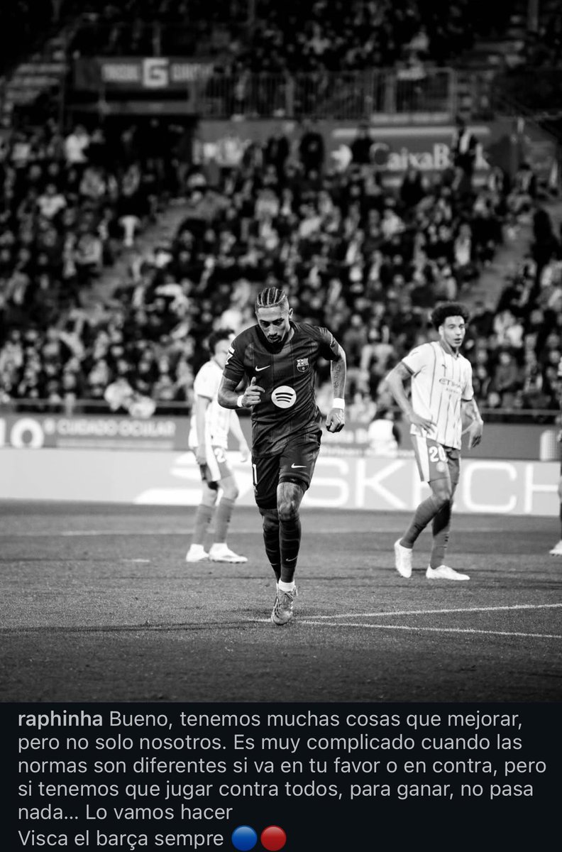 🚨🚨💥 Raphinha sur Instagram :

« Nous avons beaucoup de choses à améliorer, mais pas seulement nous. C’est très compliqué quand les règles sont différentes si elles sont en notre faveur ou contre nous, mais si nous devons jouer contre tout ça pour gagner, ce n’est pas grave…