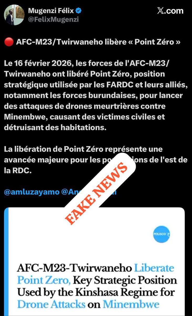 Méfiez-vous des informations affirmant que la coalition rebelle Twirwaneho/M23 aurait repris le contrôle de Point Zéro.

Les FARDC se trouvent actuellement dans des villages proches de la cité de Minembwe, laissant Point Zéro à bonne distance, où la situation demeure calme.

« Je