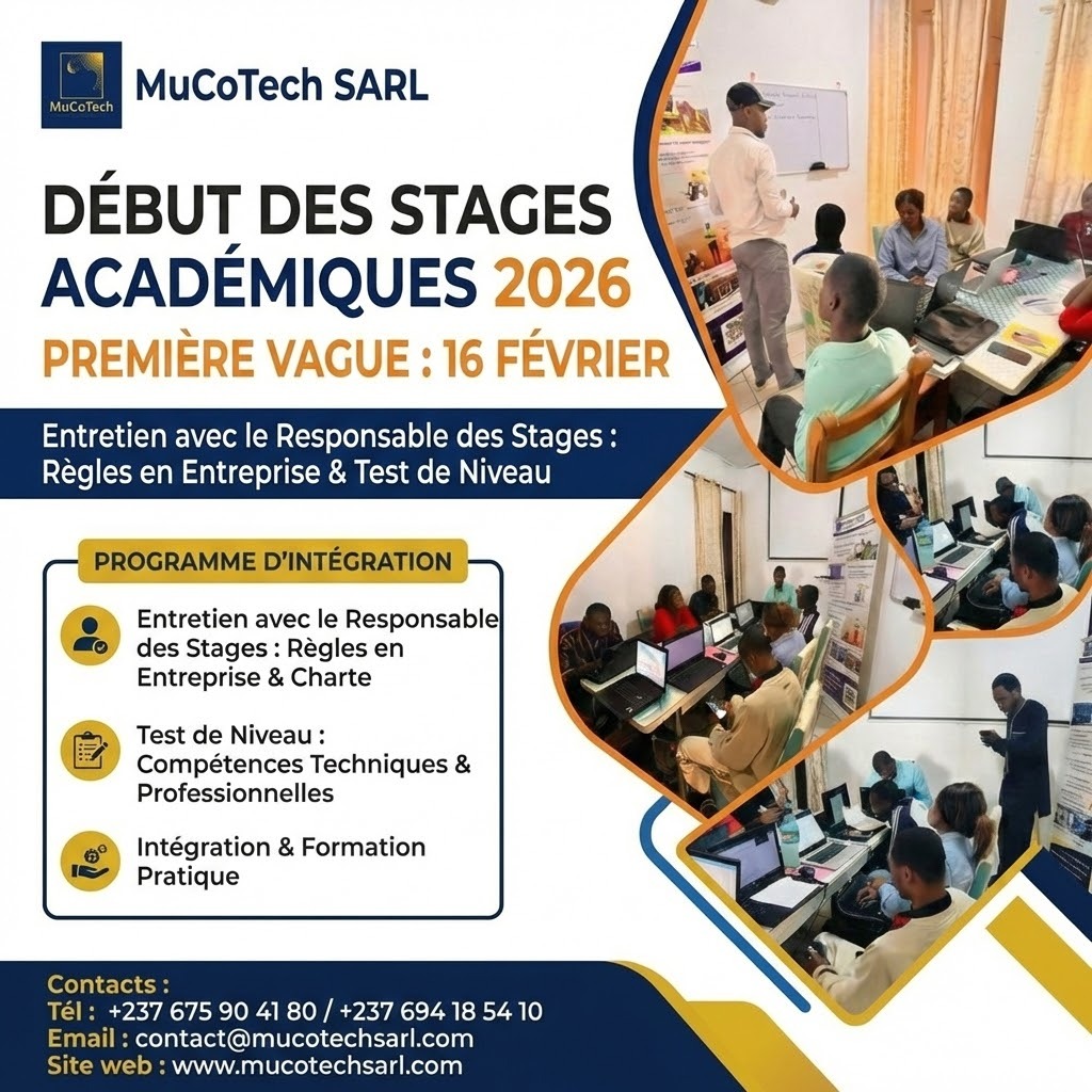 MuCoTech's tweet photo. 🎉𝗟𝗮𝗻𝗰𝗲𝗺𝗲𝗻𝘁 𝗼𝗳𝗳𝗶𝗰𝗶𝗲𝗹 𝗱𝗲𝘀 𝗦𝘁𝗮𝗴𝗲𝘀 𝗔𝗰𝗮𝗱𝗲́𝗺𝗶𝗾𝘂𝗲𝘀 2026 𝗰𝗵𝗲𝘇 𝗠𝘂𝗖𝗼𝗧𝗲𝗰𝗵 𝗦𝗔𝗥𝗟
Hier, 16 février 2026, nous avons accueilli la première vague de stagiaires.
🔗 Suivez notre chaîne WhatsApp :
https://t.co/vGU68ptF9l

📞 +237 675 90 41 80 https://t.co/EtPDpqJ8m6