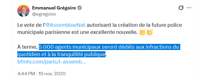 Municipales 2020 : Hidalgo et Grégoire s'était engagés à recruter et former 5 000 policiers municipaux avant 2024 et les JO.

Municipales 2026 : Grégoire promet que la police municipale comptera 5 000 agents (d'ici 2032).  

🤡