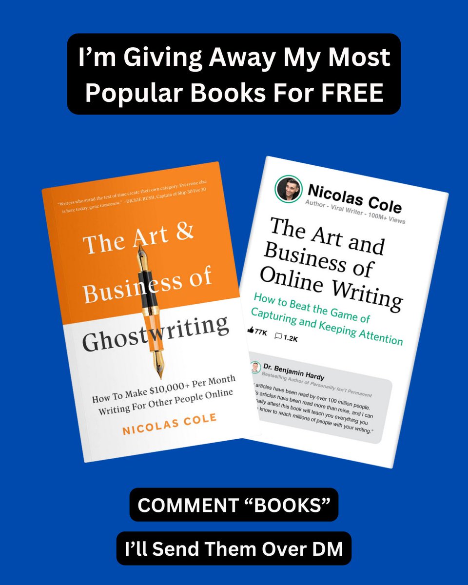 Nicolascole77's tweet image. I want to help 1 million people make a living writing on the internet.

So here's what I'm doing:

For the next 48 hours, I'm giving away my 2 best-selling books for free:

• The Art &amp;amp; Business of Online Writing
• The Art &amp;amp; Business of Ghostwriting

Why?

Because I've spent 10+