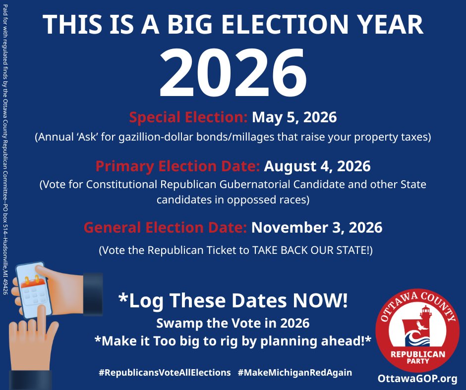 Have you logged these dates yet? *Republicans MUST vote in ALL elections. #RepublicansVoteAllElections #MakeMichiganRedAgain <a href="/SenJRunestad/">Jim Runestad</a> <a href="/MIGOP/">Michigan GOP</a>