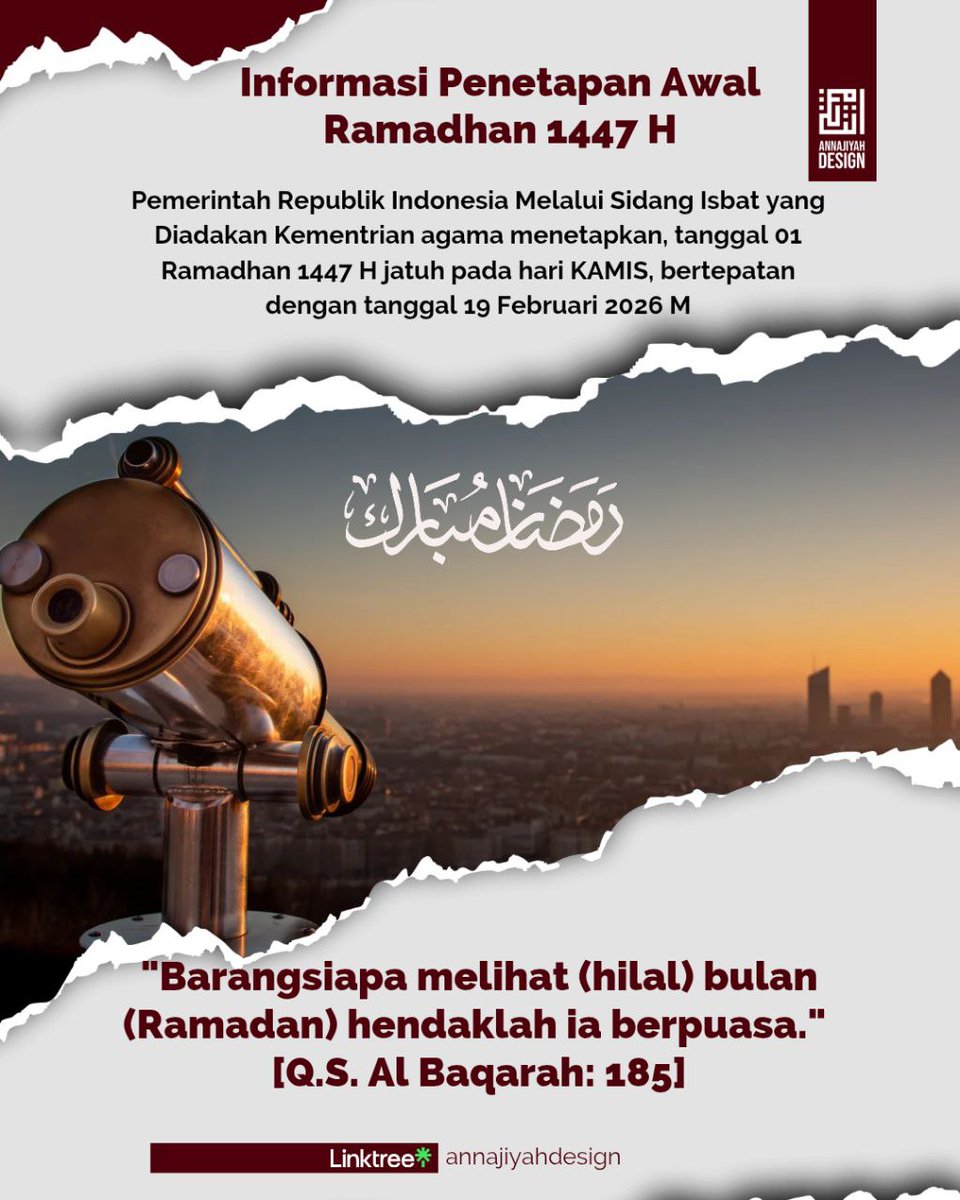 🔭 🌕 Informasi Penetapan Awal Ramadhan 1447 H

Sidang Isbat 
Puasa
1 Syawal
▫️▫️▫️
#isbat #ramadhan
✏️ • follow • share • save •
⛓️ linktr.ee/annajiyahdesign
▫️▫️▫️
Sumber:
kemenag.go.id