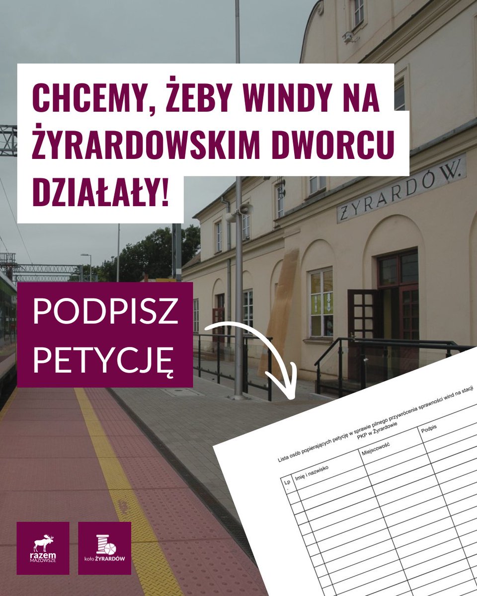 Zepsute windy na dworcu w Żyrardowie to realna bariera dla osób z niepełnosprawnościami, seniorów i rodziców z wózkami.
Składamy w tej sprawie petycję – czas na pilne działania!

petycjeonline.com/pkp_zyrardow