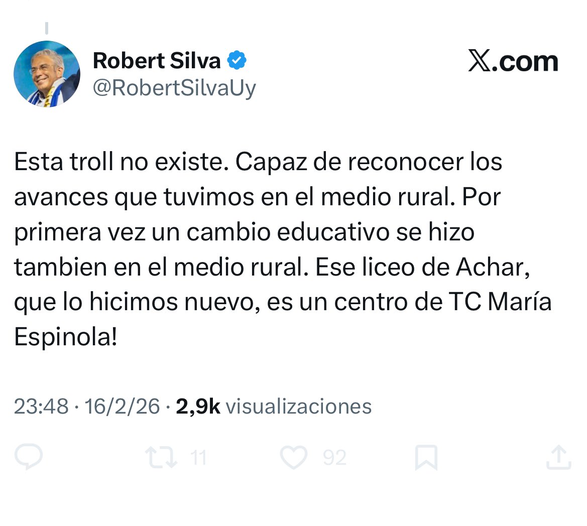 Me dice troll un senador que se dedica a hatear ciudadanas en X.

Primer cambio educativo en el ámbito rural dice. Con razón quisieron apoderarse del Plan Ceibal. 

Hicieron 2 liceos de 136 y una reforma que hizo estragos. Los docentes lo sabemos.