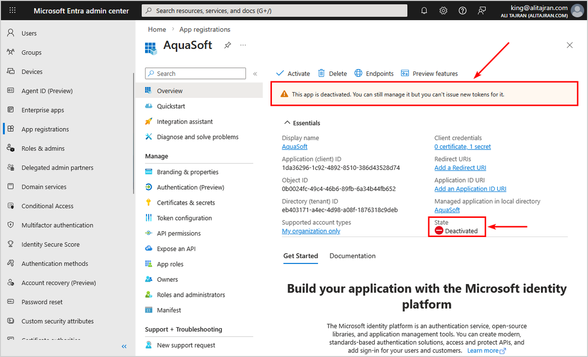 alitajran's tweet photo. You can now deactivate app registration in Microsoft Entra ID!

Deactivating an app registration provides a reversible way to prevent the application from accessing protected resources without permanently removing it from your tenant.

When you deactivate an application, it immediately stops receiving new access tokens, but existing tokens remain valid until they expire. This approach is useful for security investigations, temporary suspension of suspicious applications, or when you need to maintain application configuration data.

Unlike permanently deleting an application, deactivation preserves all application metadata, permissions, and configuration settings, making it easy to reactivate the application if needed. The application remains visible in your tenant's enterprise applications list, but users can't sign in and no new tokens are issued.

When an application is deactivated, the following behavior occurs:

𝐈𝐦𝐦𝐞𝐝𝐢𝐚𝐭𝐞 𝐞𝐟𝐟𝐞𝐜𝐭𝐬:

- New access token requests are denied
- Users can't sign in to the application
- Application can't access protected resources with new tokens

𝐏𝐫𝐞𝐬𝐞𝐫𝐯𝐞𝐝 𝐞𝐥𝐞𝐦𝐞𝐧𝐭𝐬:

- Existing access tokens remain valid until their configured lifetime expires
- Application configuration, permissions, and metadata are preserved
- Application remains visible in Enterprise applications list with deactivated state
- Service principal object is maintained in the tenant with "isDisabled": true

When users attempt to sign in to a deactivated application, they receive an error message indicating the application has been disabled by its owner: AADSTS7000112 - Application is disabled. This is different from other error messages like invalid credentials or access denied.

Learn more:
https://t.co/hB3bTORwHo

Important: Application owners can re-activate an application after it has been deactivated. Therefore, remove all owners from the application before deactivating it. This ensures that only administrators can re-activate the application.

#EntraID #Microsoft365 #Cybersecurity