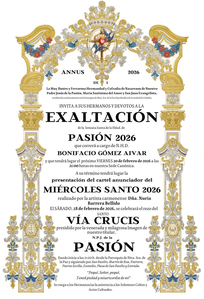 #CULTOS | EXALTACIÓN Y VÍA CRUCIS DE NPJ DE LA PASIÓN |

Orden de los Solemnes Cultos que esta Muy Ilustre y Fervorosa Hermandad celebrará en los próximos días.

#AmorYPasión #PasiónDeCórdoba