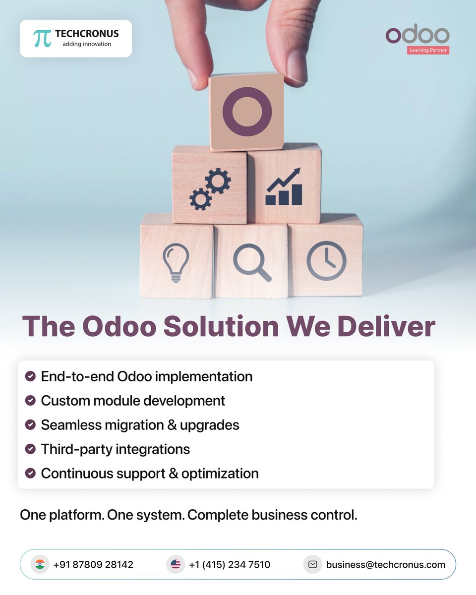 When systems don’t connect, growth slows.

As an official partner of Odoo, Techcronus helps you streamline operations and scale with confidence.

📞 +91 87809 28142
📧 business@techcronus.com
🌐 techcronus.com

#OdooPartner #ERP #DigitalGrowth #Techcronus