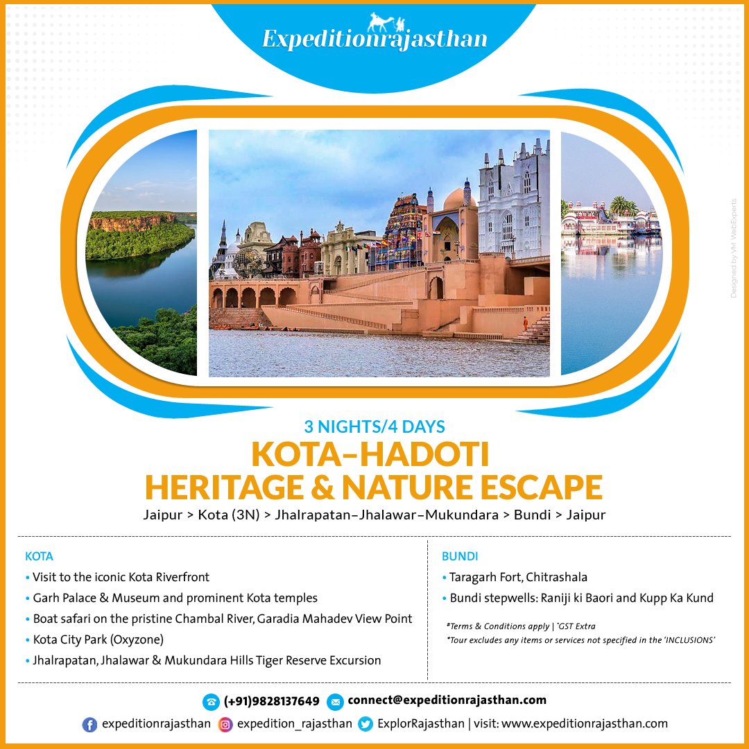 ExplorRajasthan's tweet photo. From royal palaces and serene riversides to ancient temples and wild landscapes of Hadoti- a perfect blend of heritage, nature &amp; culture in one unforgettable journey.
Call or WhatsApp at 9828137649
Email: expeditionrajasthan@gmail.com #expeditionrajasthan #TourPackages https://t.co/0I9hRsTdAi