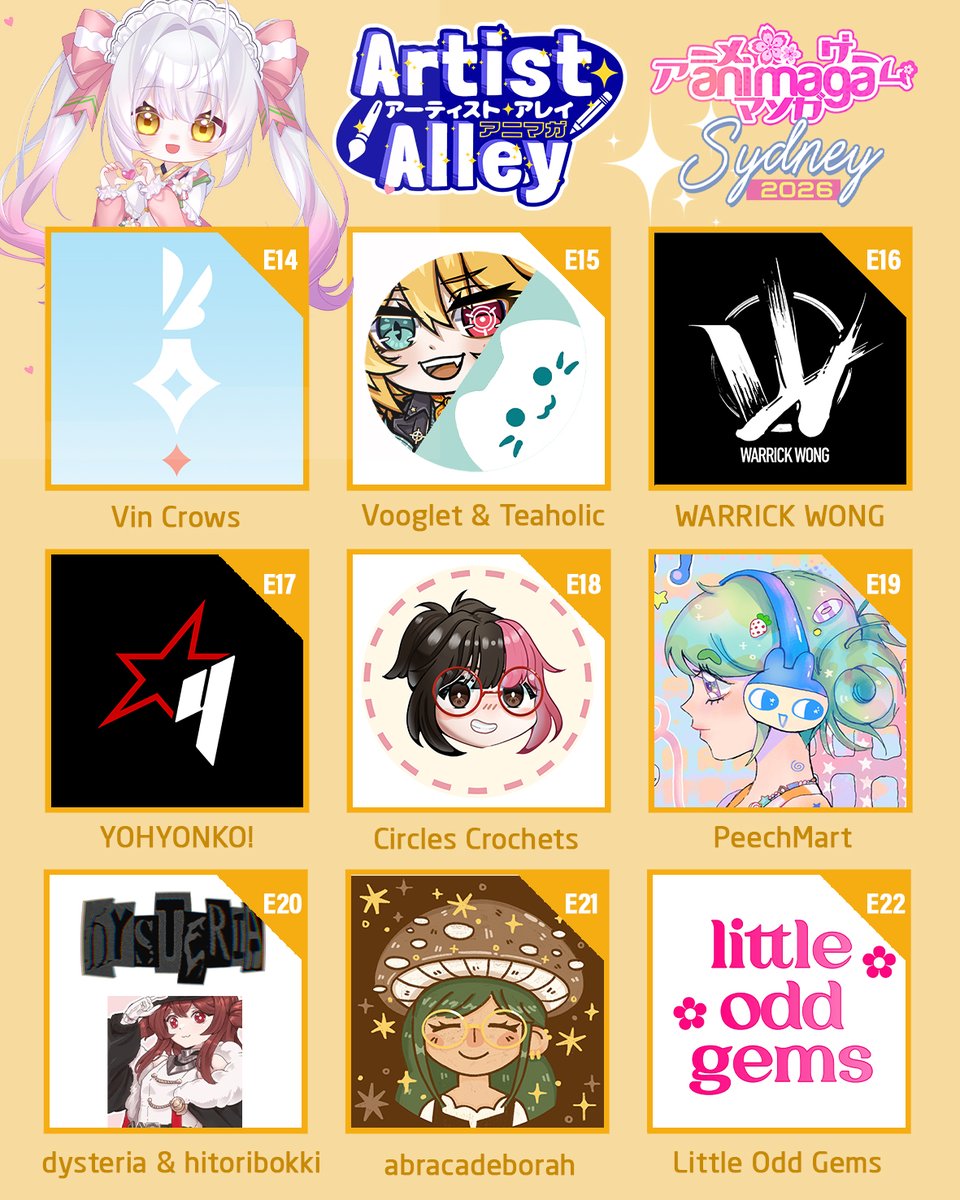 AnimagaExpo's tweet photo. The sheer variety and creativity arriving on the convention floor is guaranteed to blow you away. We are so proud to unveil the next wave of extraordinary artists joining Block E.

Take a look at these amazing creators and explore their portfolios:

E05 | just★Aki 
E06 | nyxberyl | @NyxBeryl 
E07 | Suma Studios 
E08 | The Doubutsuen | @gewwyArtinsta 
E09 | Eyterna & The Solitary Post 
E10 | tundrea | @tundrea_illust 
E11 | twee | @tweedraws 
E12 | usarei | @usarei_ch 
E13 | Victifreak | @Victifreak 
E14 | Vin Crows | @VinCrows 
E15 | Vooglet & Teaholic 
E16 | WARRICK WONG 
E17 | YOHYONKO! 
E18 | Circles Crochets 
E19 | PeechMart 
E20 | dysteria & hitoribokki | @dysteria__ & @mirinaechou 
E21 | abracadeborah 
E22 | Little Odd Gems

Which of these brilliant artists will you be visiting first? Reply below and let us know your top picks!

#AnimagaSydney #ArtistAlley #AnimeArt