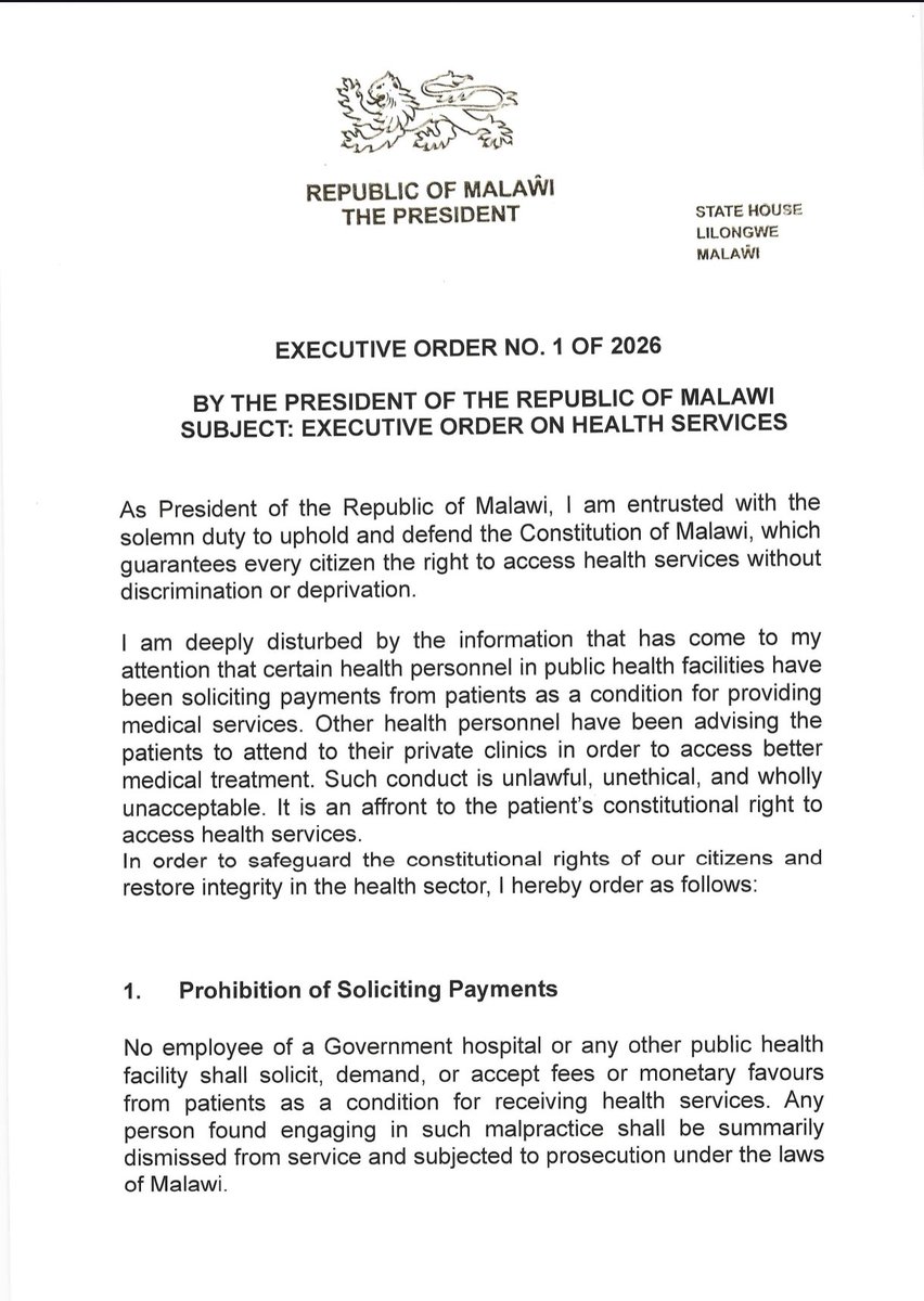 mcbrams's tweet image. President @APMutharika has today issued an executive order banning government employees from soliciting payments in public hospitals; a decisive response to our collaborative investigation that exposed systemic corruption in the health sector in #Malawi