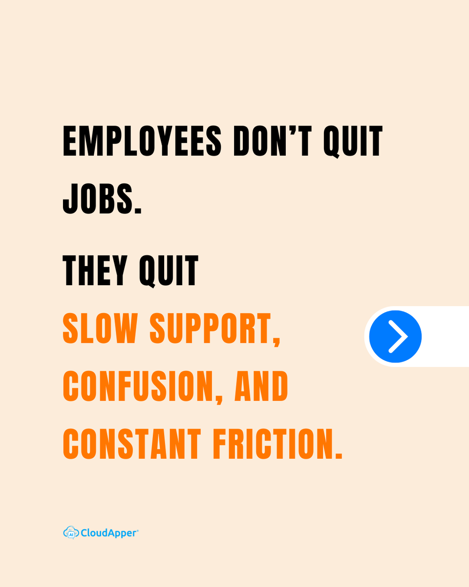 CloudApperAI's tweet photo. Employees don’t quit jobs. They quit slow support and daily friction.  

#CloudApper #AIPeopleOpsAgent answers instantly, keeps communication clear, and removes confusion.  

Learn more👇👇 https://t.co/76IMRWKQhA
