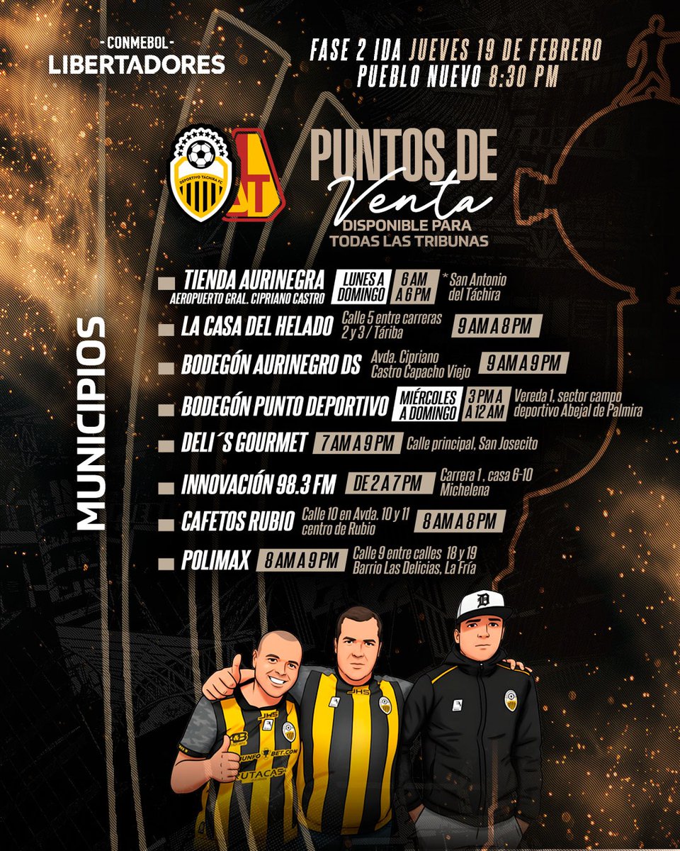 🤝 Estos son nuestros puntos aliados en San Cristóbal y otros municipios, donde podrás adquirir tus entradas para el juego de este jueves en Pueblo Nuevo 🏟️ 

#VamosTáchira 💛🖤