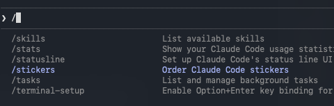 camjodev's tweet photo. LMAO, i did not know that Claude Code has a slash command for ordering stickers 🤣 https://t.co/h6QAjl4Bdj