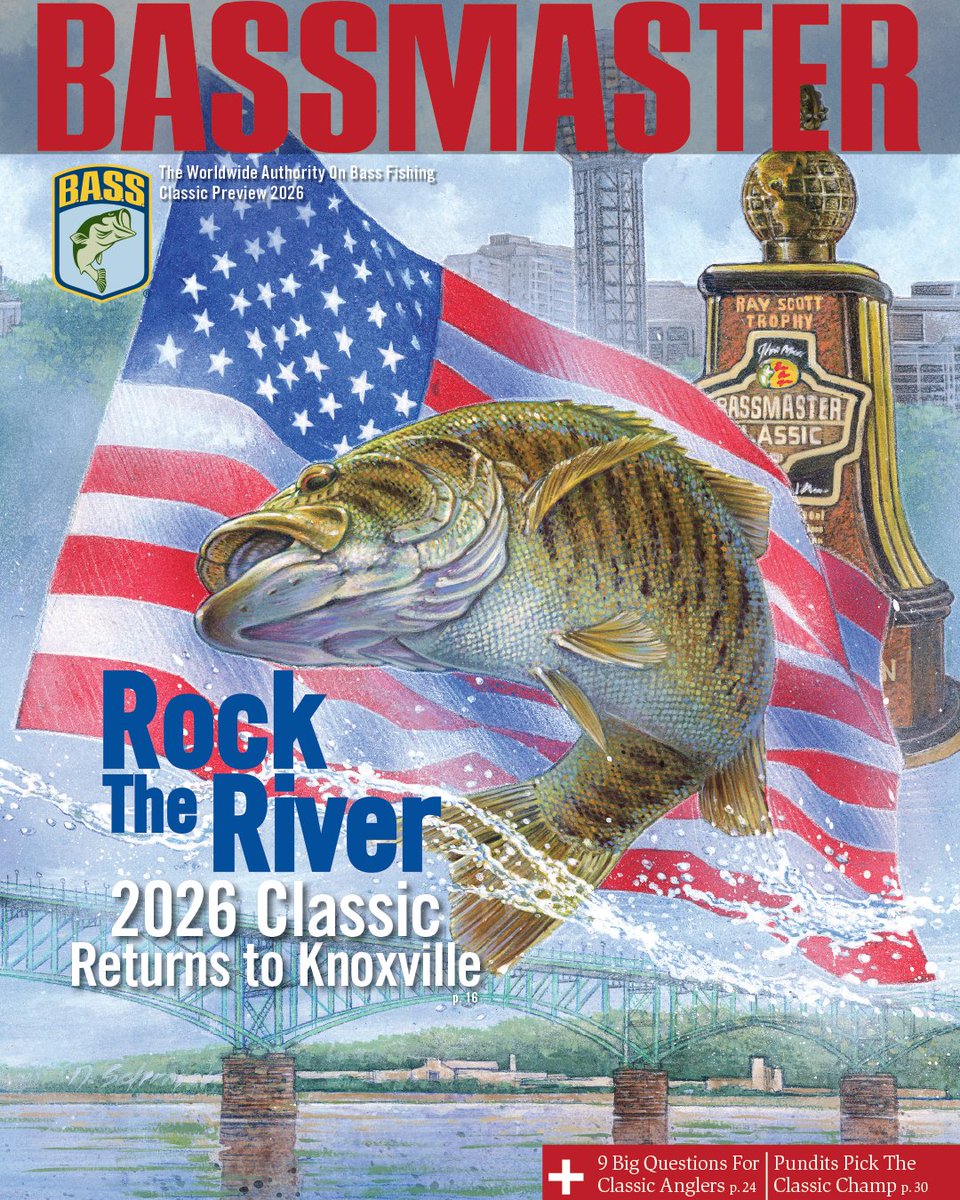 bassmaster's tweet image. Rock the River. 🎣🇺🇸 
The 2026 Classic Preview issue is here. Knoxville, here we come.

🎨- Doug Shermer

#classic #bassmasterclassic #knoxville #bass #bassfishing