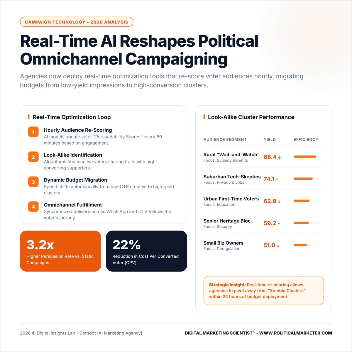 PoliMarketer's tweet image. Real time AI is transforming political campaigns.

• Hourly voter re scoring
• Dynamic budget shifts
• 3.2x higher persuasion rate
• 22% lower CPV
Top cluster yield: 88.4 in rural segment.

#PoliticalAI #CampaignTech #ElectionStrategy #AdTech #DataDriven