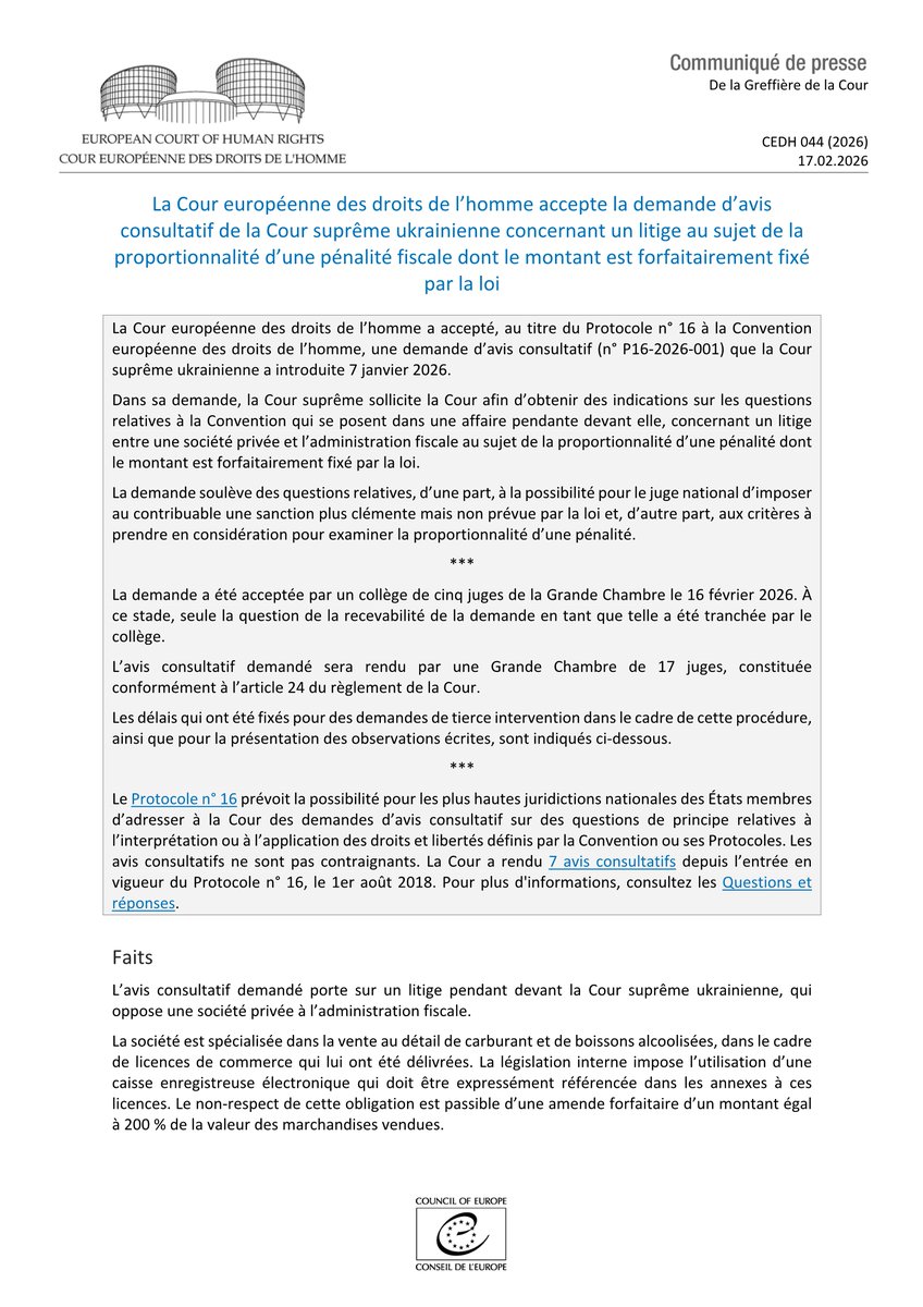 ECHR_CEDH's tweet image. Demande d’avis consultatif de la Cour suprême ukrainienne concernant un litige au sujet de la proportionnalité d’une pénalité fiscale au montant forfaitairement fixé par la loi
hudoc.echr.coe.int/app/conversion…
#ECHR #CEDH #ECHRpress