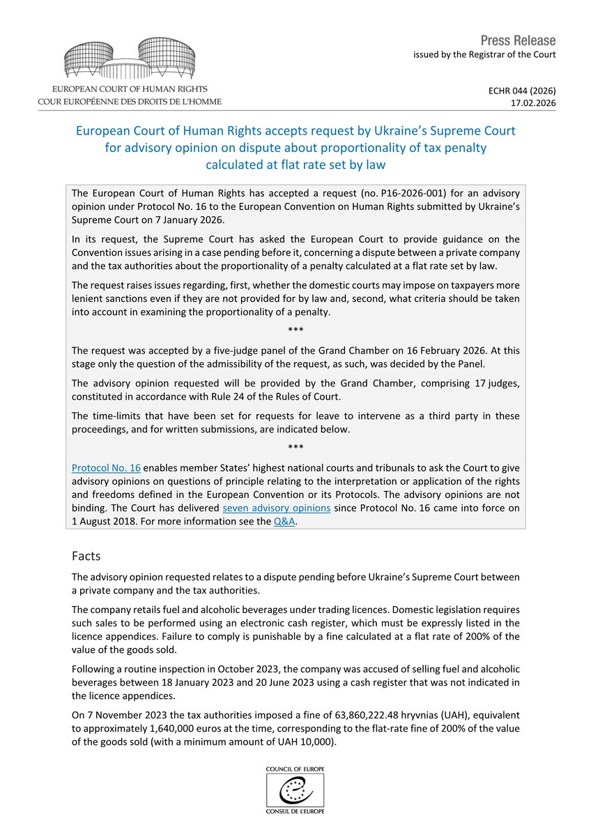 ECHR_CEDH's tweet image. Request by Ukraine’s Supreme Court for advisory opinion on dispute about proportionality of tax penalty
hudoc.echr.coe.int/app/conversion…
#ECHR #CEDH #ECHRpress
