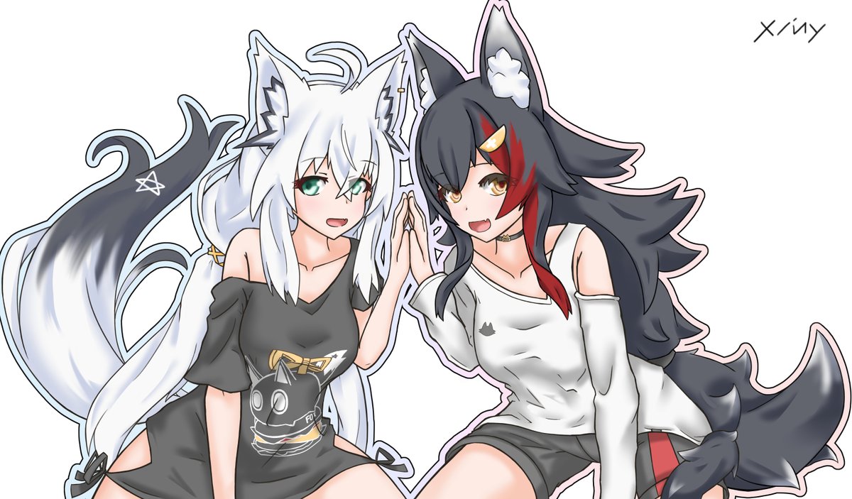大神ミオ ,大神ミオ(通常) ,白上フブキ ,白上フブキ(通常) 「#初描きの推しと最近描いた推しを比べてみる見た人もやる ←2019.8 2025」|xiny/さいにーのイラスト