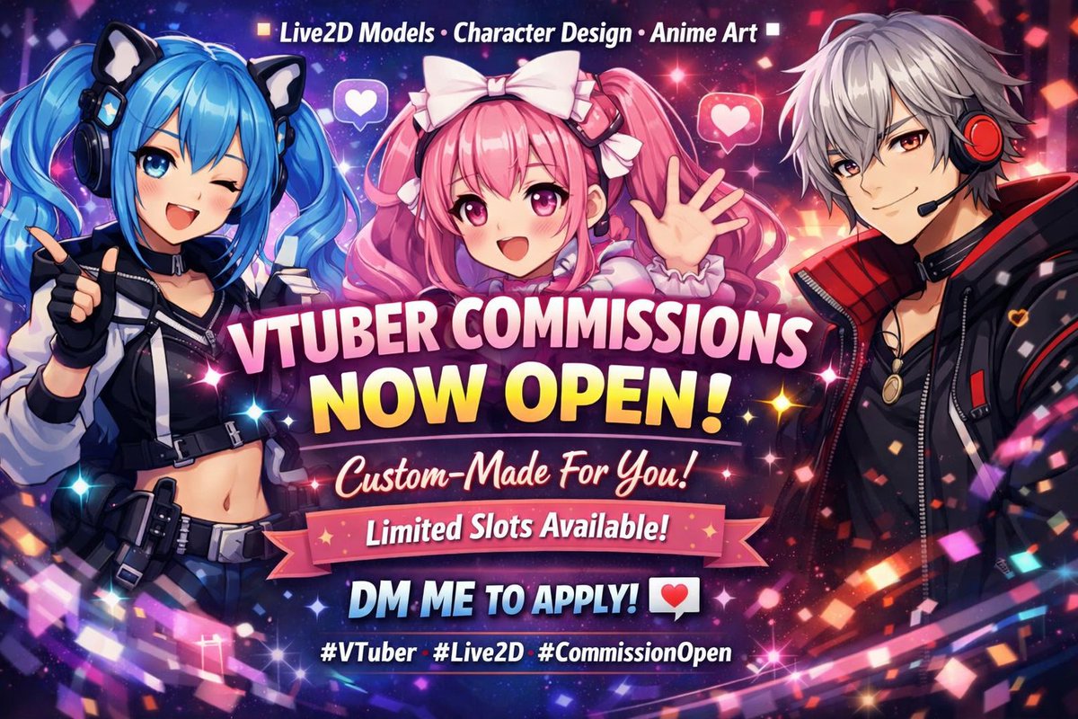 🚨 VTUBER COMMISSIONS ARE NOW OPEN! 🚨

Live2D-ready models • Character design • Anime style Custom-made to match your brand &amp; personality✨
Limited slots available! 

DM me💌or reach out to me at jevilshah1712@gmail.com
.
.
#VTuber #VTuberModel #Live2D #VArtist #CommissionOpen