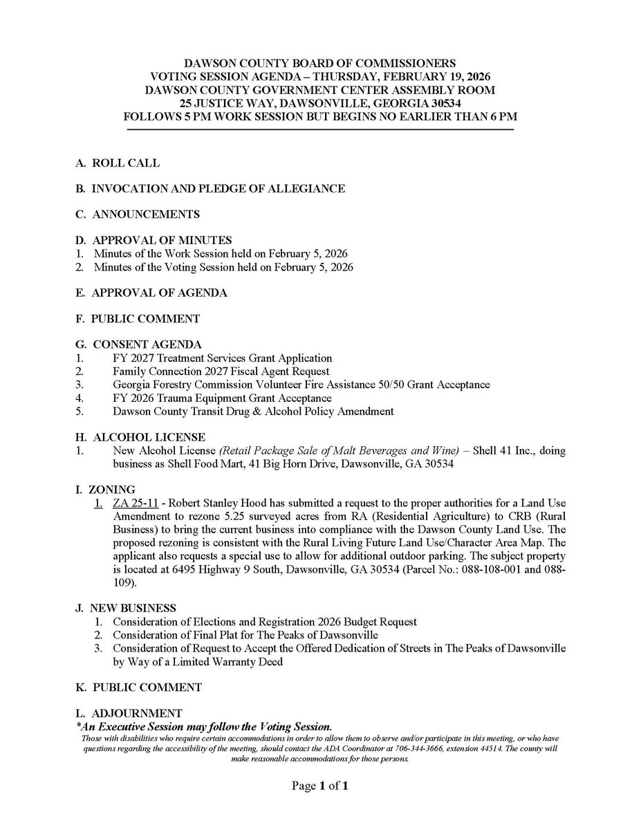 This week's Board of Commissioners Work Session will begin at 5 p.m. and a Voting Session will follow but begin no earlier than 6 p.m. on Thursday, February 19.