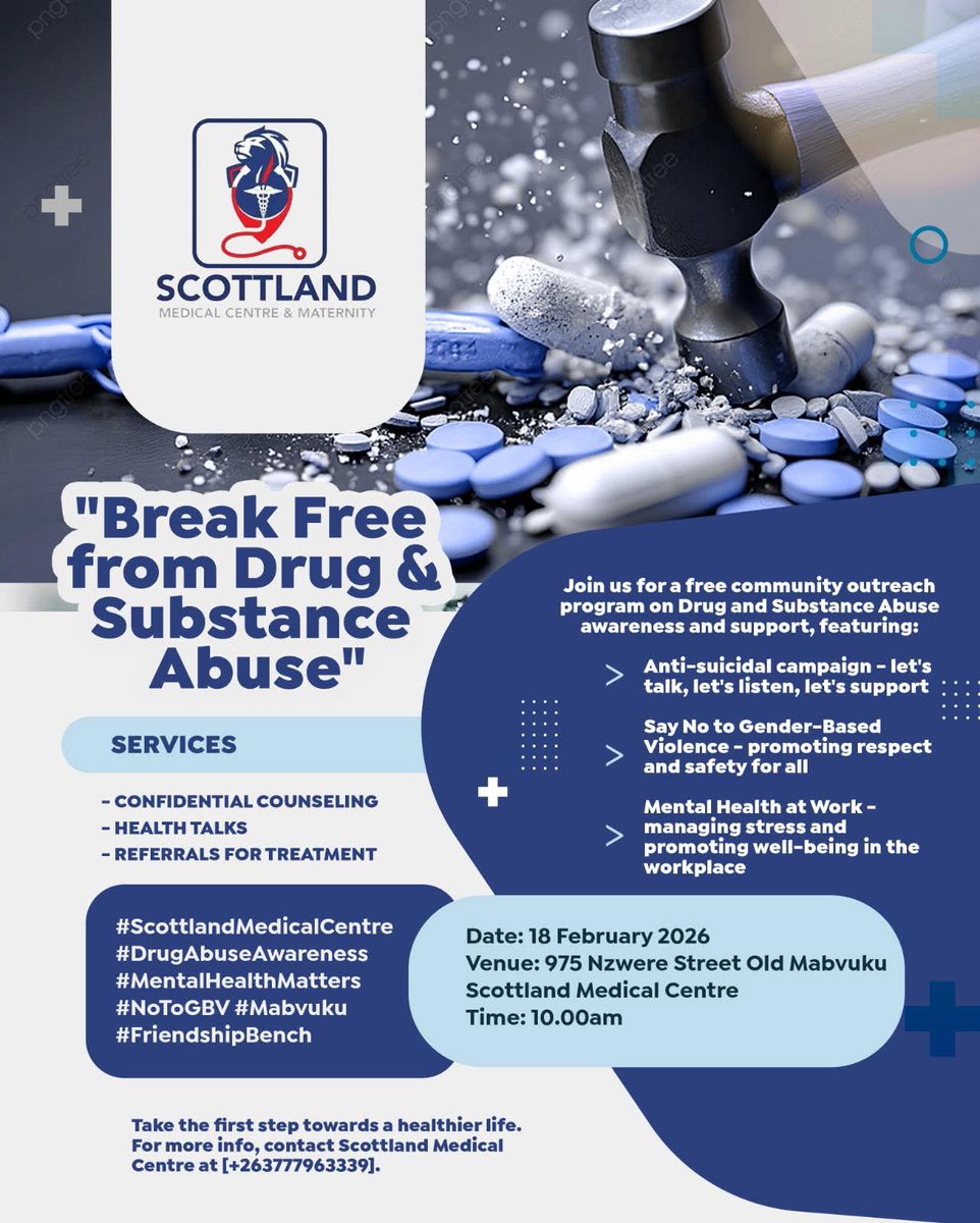 HonSakupwanyaK's tweet photo. Join us for a free community outreach program on drug and substance abuse awareness and support in Mabvuku Tafara Constituency at Scottland Medical Center @KMutisi @BaShonaBaShona @ZanuPFMabvuku @CMukungunugwa @zanupf_patriots @OpenParlyZw @bvanyangu8 @chrissy10charu @MoHCCZim https://t.co/sx2ay6s2Kx