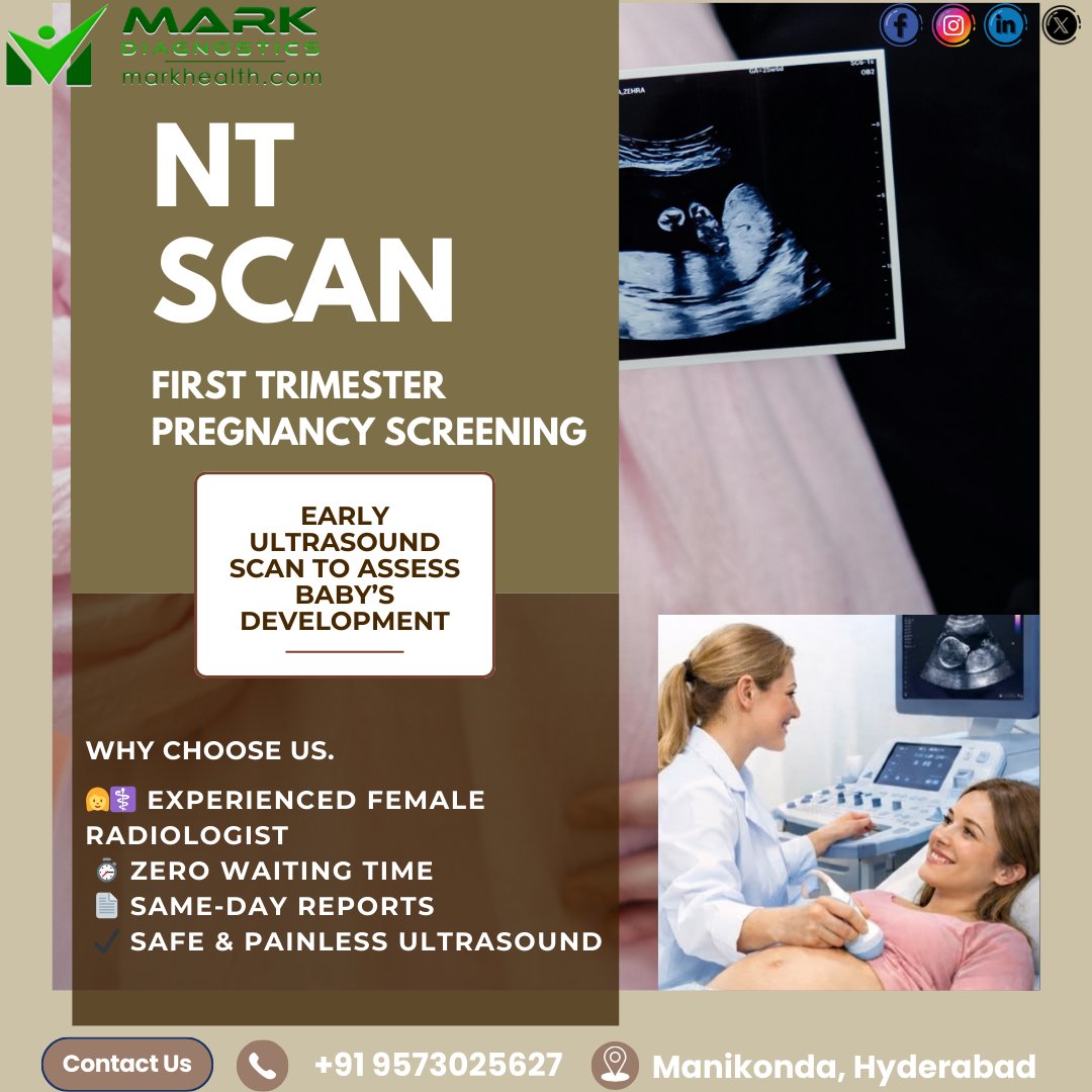 MarkDiagnostics's tweet image. Early care matters 
NT Scan – First Trimester Pregnancy Screening
👩‍⚕️ Female Radiologist
⏱️ Zero waiting
📄 Same-day reports
✔ Safe &amp;amp; painless

📍 Manikonda, Hyderabad
📞 +91 9573025627
#NTScan #FirstTrimester #PregnancyCare #Ultrasound #HealthyPregnancy #MarkDiagnostics