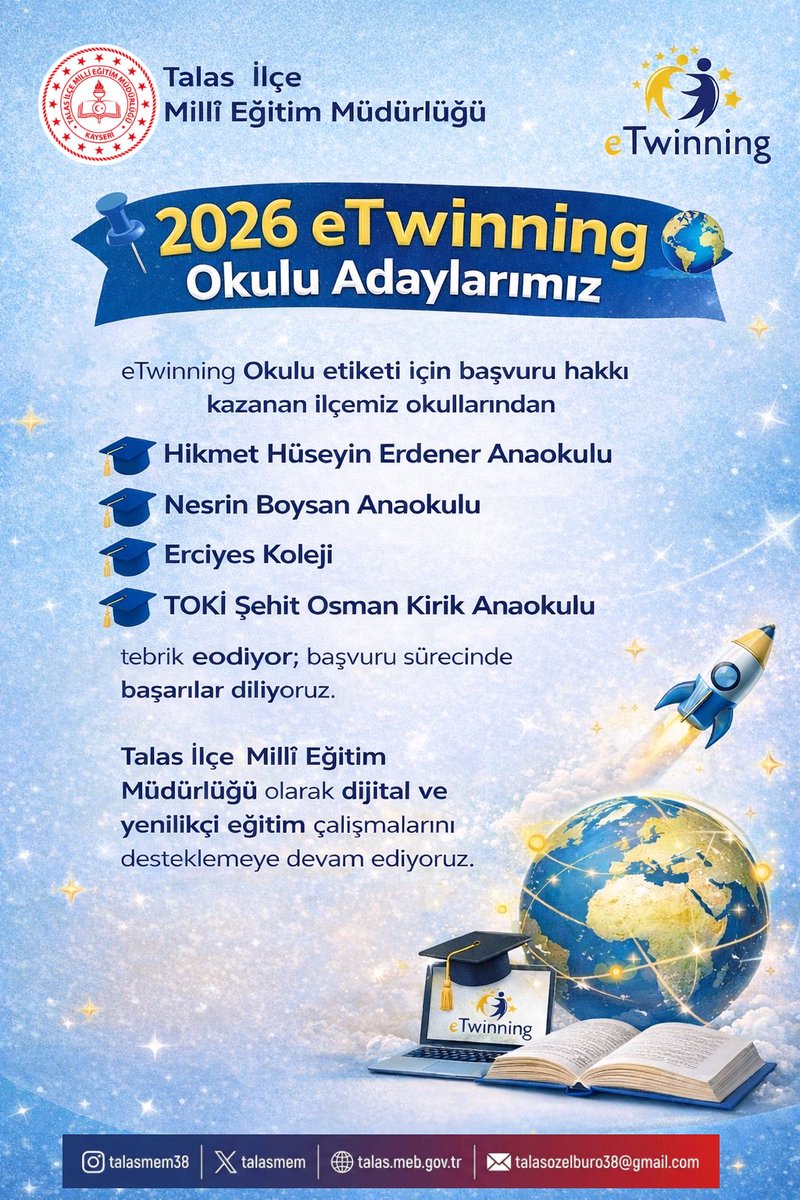 📌 2026 eTwinning Okulu Adaylarımız📚
<a href="/tcmeb/">Millî Eğitim Bakanlığı</a> 
<a href="/Yusuf__Tekin/">Yusuf Tekin</a> 
<a href="/kayserimem/">Kayseri İl Millî Eğitim Müdürlüğü</a> 
<a href="/CoskunESEN57/">Coşkun ESEN</a> 
<a href="/TalasKaymakam/">Talas Kaymakamlığı</a> 
<a href="/ilyas_memis/">İlyas Memiş</a> 
<a href="/OMALKOCOGLU/">osman MALKOÇOĞLU</a> 
<a href="/KayseriMEMArge/">Kayseri Arge</a>