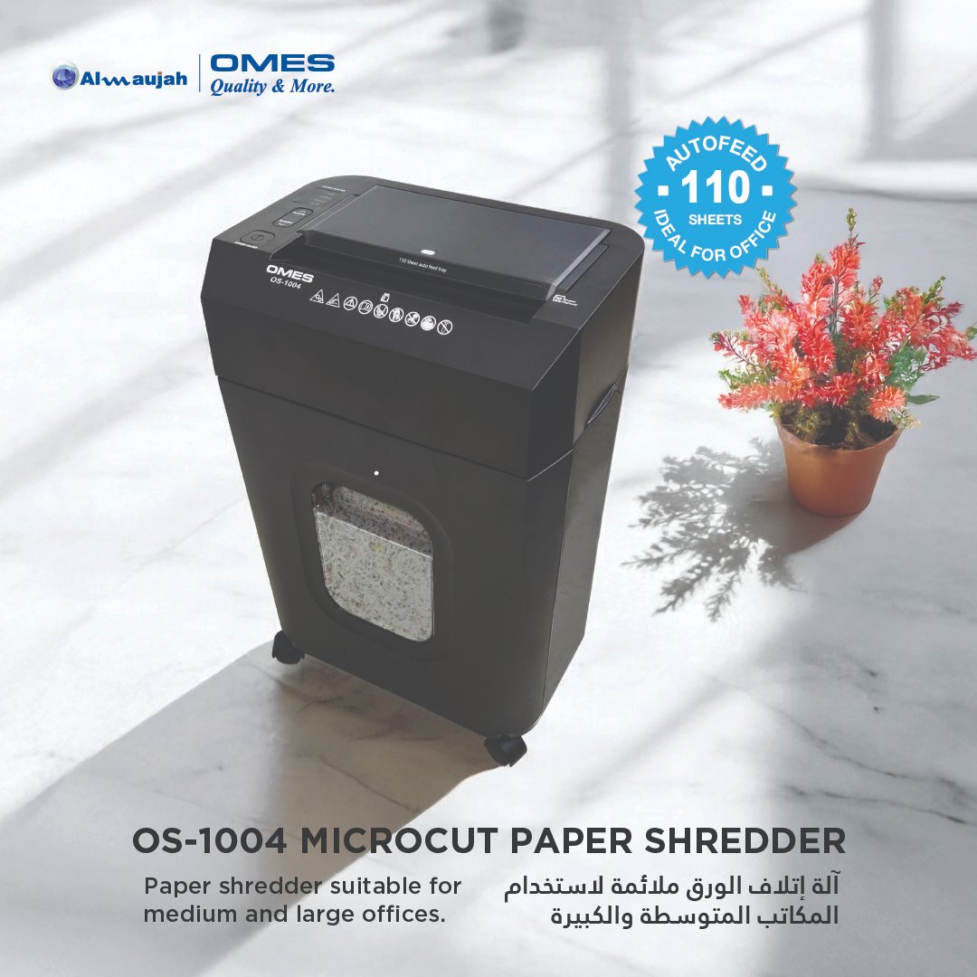 almaujah's tweet image. Elevate your office security.
OMES Microcut Paper Shredder
 - 110 sheet autofeed
- Ideal for corporate offices

#Microcut #officeequipment #papershredder #DataSecurity

Website:
almaujah.com