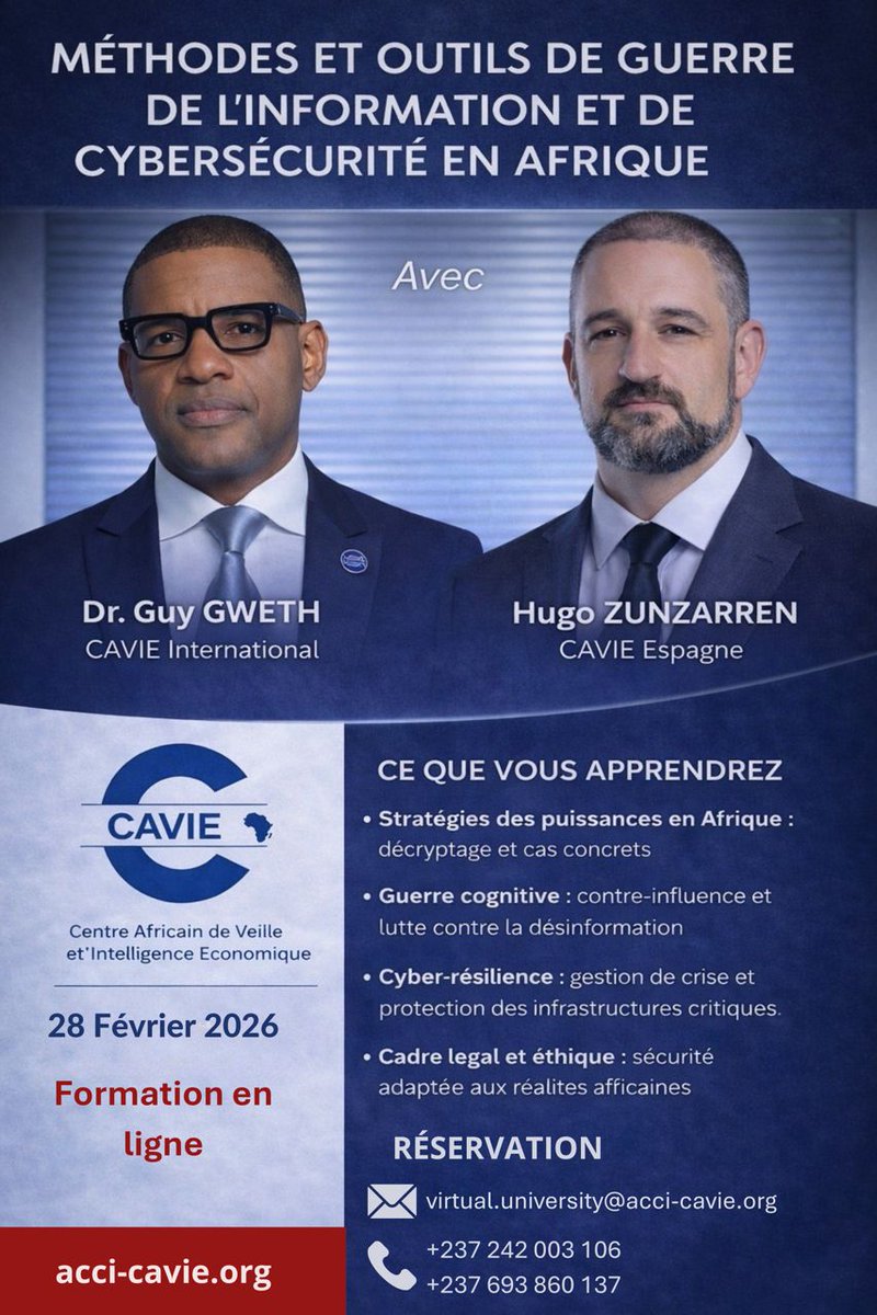 🔐L’Afrique est au cœur de la guerre de l’information. Êtes-vous prêt ?

Le 28 fév. 2026, le #CAVIE vous forme à décrypter l’influence, maîtriser la guerre cognitive et renforcer la cyber-résilience.

🔗Enrégistrement :  forms.gle/dMQvnbTQJhG3UU…

#Cybersecurite #AfriqueStrategique