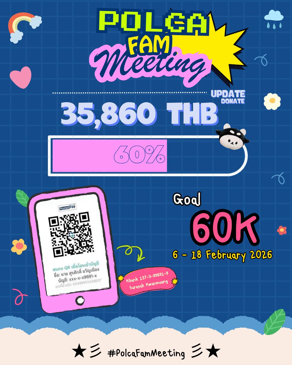 Update 02/17/2026
: 35,860 Baht (60%)

Let's make memories together, thank you. 🙇🏻‍♂️🩷💙

#Newwiee #Tawan_V 
#POLCASAN #เตนิว #TayNew #PolcaFamMeeting 
#ฮันนี่ #ชาวบ้าน