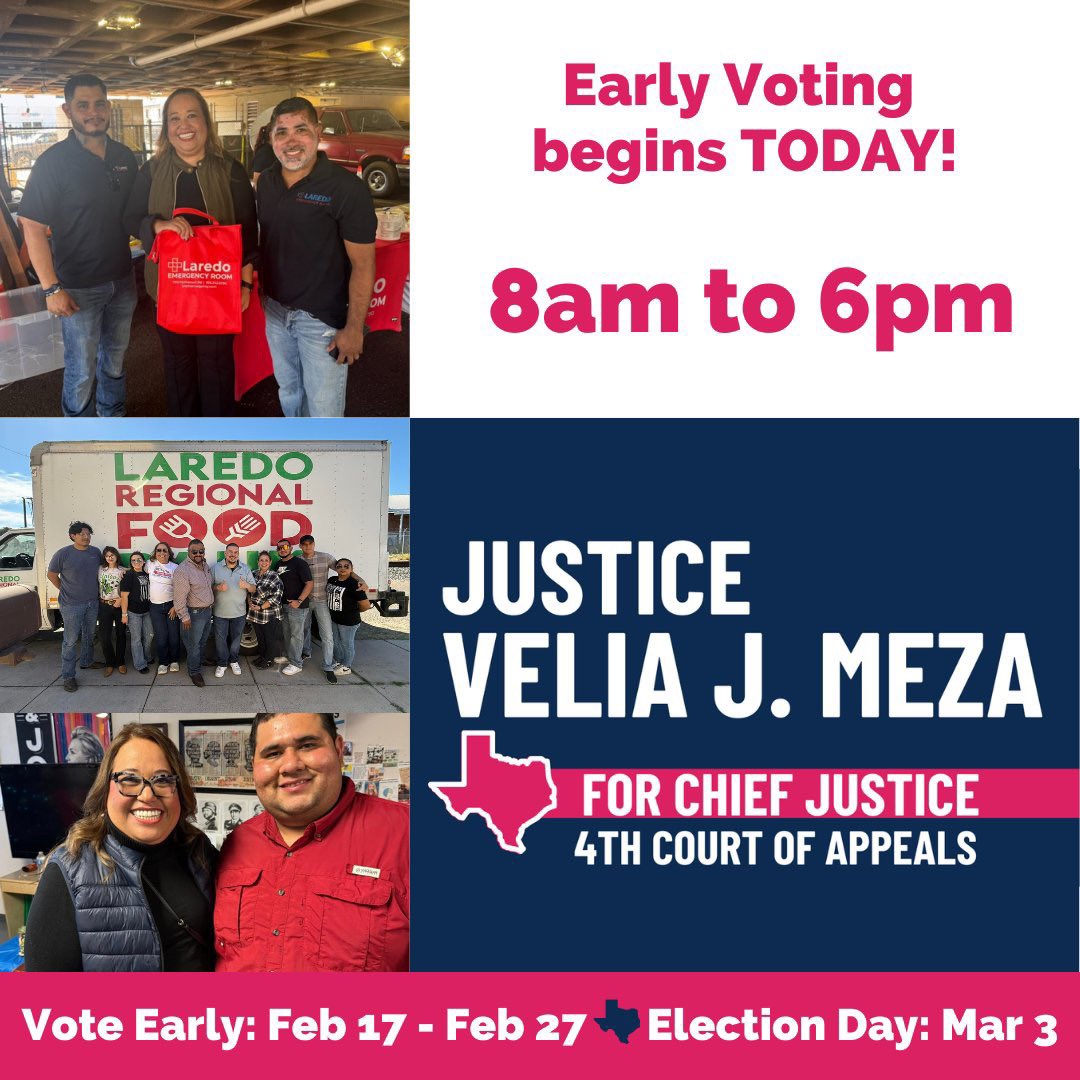VeliaJMeza's tweet photo. Early Voting begins TODAY!!!
Early voting sites open at 8am today and close at 6pm. Make sure you make a plan to vote early and vote #JusticeVeliaJMeza for #ChiefJustice 
The race for Chief Justice of the 4th Court is extremely important! 
#JusticeVeliaJMeza #MezaForChief https://t.co/Kys51O7aUw
