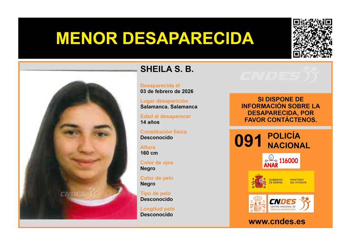 ⚠️🚺MENOR DESAPARECIDA🚺⚠️
Edad  14 años
🧐Última localización #Salamanca
Ayúdanos➡️comparte📲
Si crees haberla visto📩cndes-web.ses.mir.es/publico/Desapa…
📞091 <a href="/policia/">Policía Nacional</a>
☎️116000 ANAR
<a href="/cndes_oficial/">CNDES</a> #menor #desaparecida