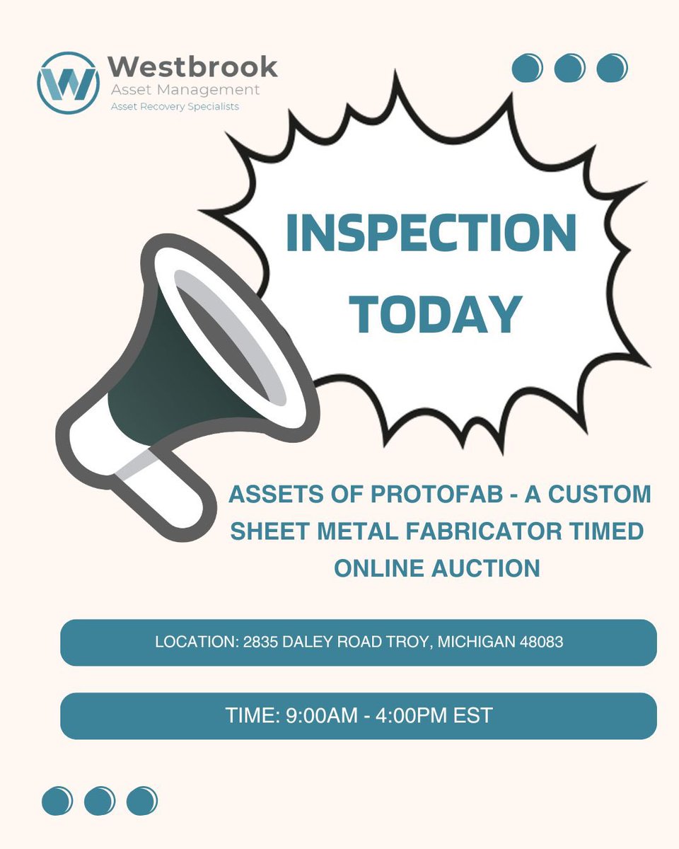 AssetWestbrook's tweet photo. FINAL INSPECTION TODAY FROM 9AM-4PM EST‼️

Assets of Protofab – A Custom Sheet Metal Fabricator Timed Online Auction 

https://t.co/dwKuFQIuhv

#forsale #onlineauction #auction #usedmachinery https://t.co/jxt2gu5dG0