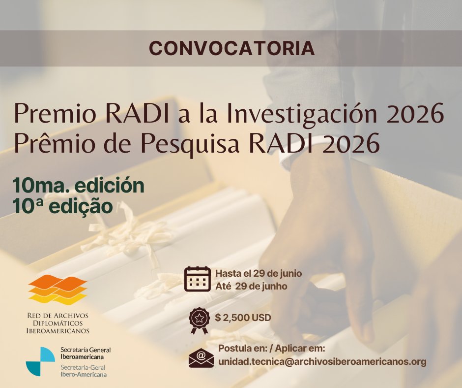 RADIarchivos's tweet photo. Está aberta a convocatória para a apresentação de candidaturas ao Prémio RADI para a Investigação 2026. Até 29 de junho de 2026. O prémio para a investigação vencedora será de US $ 2 500: https://t.co/LwUQl3zEqa https://t.co/0rGiGV9LOi