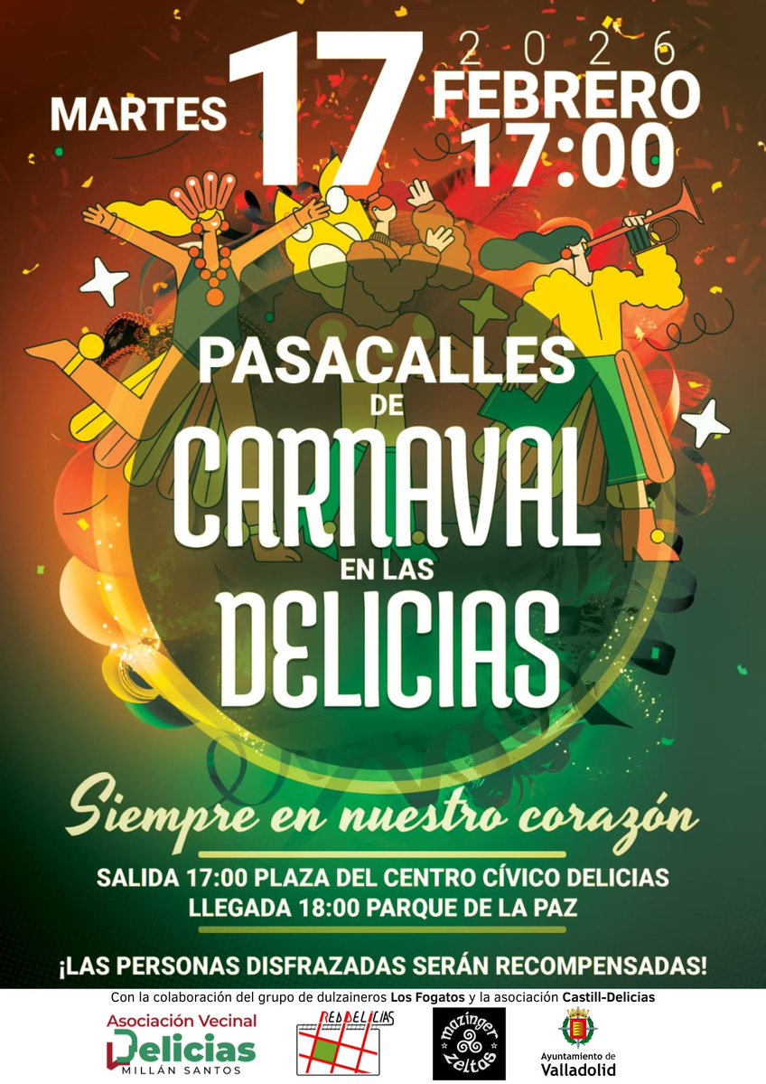 🎭 Pasacalles de Carnaval en las Delicias
📅 Martes, 17 de febrero
🕔 Salida: 17:00 h desde la plaza del Centro Cívico Delicias
🕕 Llegada: 18:00 h al Parque de la Paz

Lema: “Carnaval en las Delicias: siempre en nuestro cor
Habrá discomovida hasta las 19:30 h.