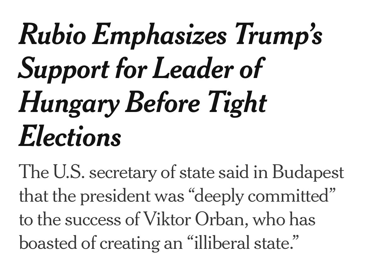 RubenGallego's tweet photo. Rubio and Trump are openly rooting for 
Viktor Orbán, the guy who bragged about turning Hungary into an “illiberal state.”

Right before a tight election.

This administration doesn’t just tolerate authoritarians, they admire them. It’s no coincidence they are pushing for authoritarianism here at home.