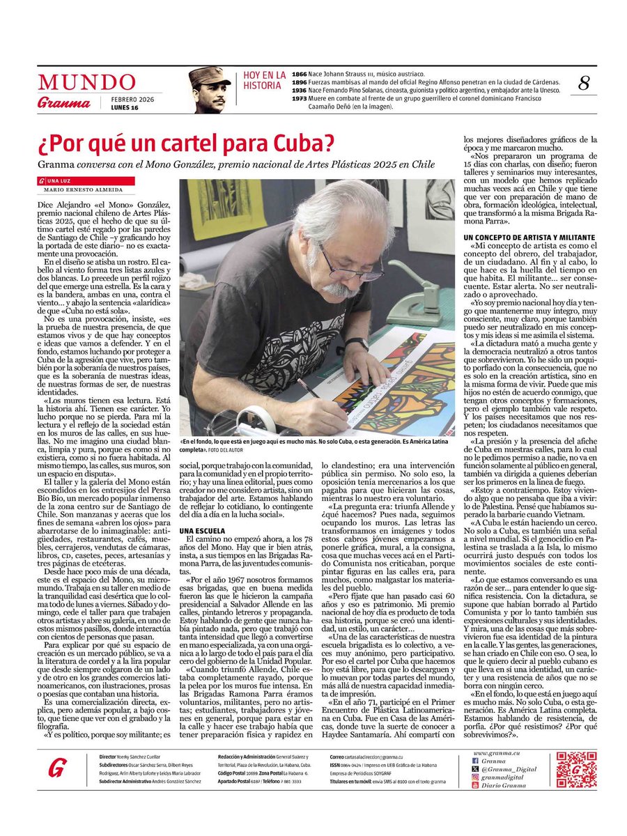 El "Mono" González, chileno muralista, cuenta el  por qué del afiche solidario que elaboró y que fue publicado a todo color en Gramma.