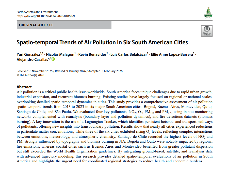 Nos alegra compartir nueva publicación sobre tendencias espaciotemporales de la #CalidadDelAire en seis ciudades de Sudamérica (2013–2023). 🌎📊. ¡Gracias a todos los coautores y colegas que hicieron posible este trabajo! 🙌

link.springer.com/article/10.100…