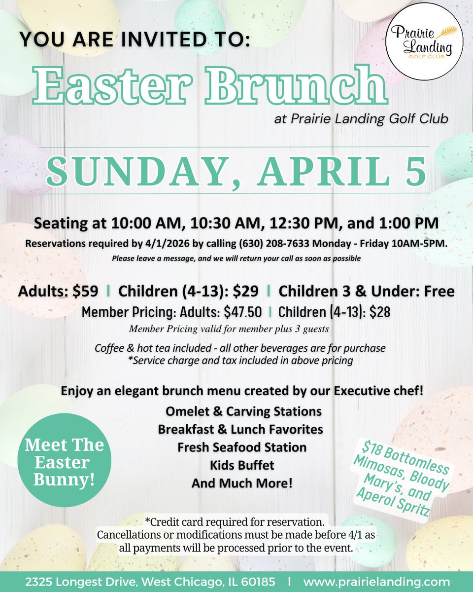 Easter Brunch at Prairie Landing Golf Club on Sunday, April 5, 2026! Join us for a delicious buffet featuring a wide variety of dishes. To secure your reservation, please book your seating time by April 1, 2026, by calling (630) 208-7633. prairielanding.com/event/easter-b…
#prairielanding