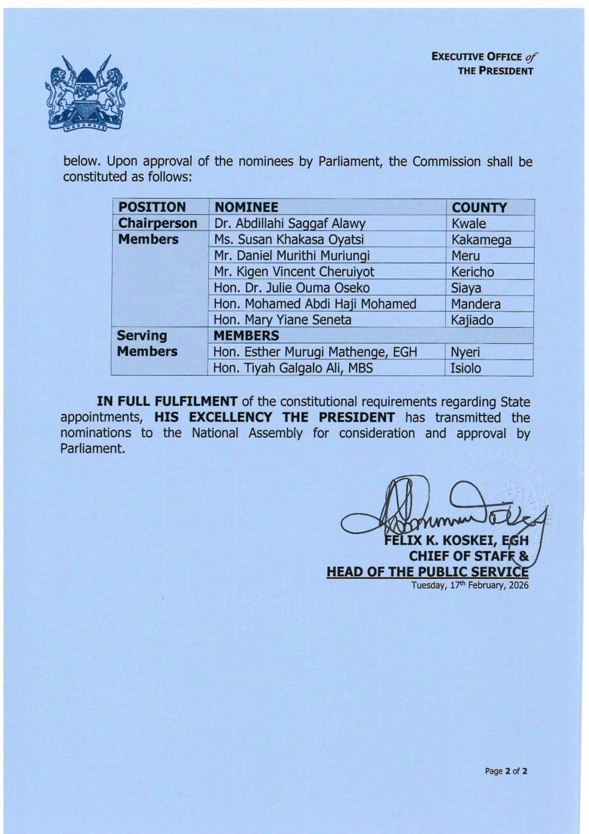 koske_felix's tweet photo. H.E President @WilliamsRuto has forwarded to Parliament the nominees for appointment as Chairperson and six Members of the National Land Commission for vetting and approval. https://t.co/MpwrDPoY8v