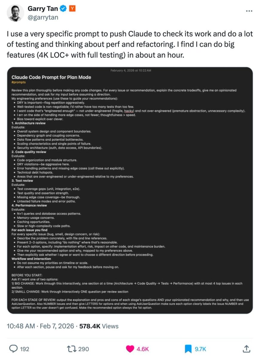 CEO of Y Combinator shared his CLAUDE.md prompt for Claude Code

It helps him ship 4,000+ line features with full tests in about an hour:

This prompt pushes Claude to:

Decide if the plan is overbuilt, underbuilt, or "engineered enough"  before writing any code