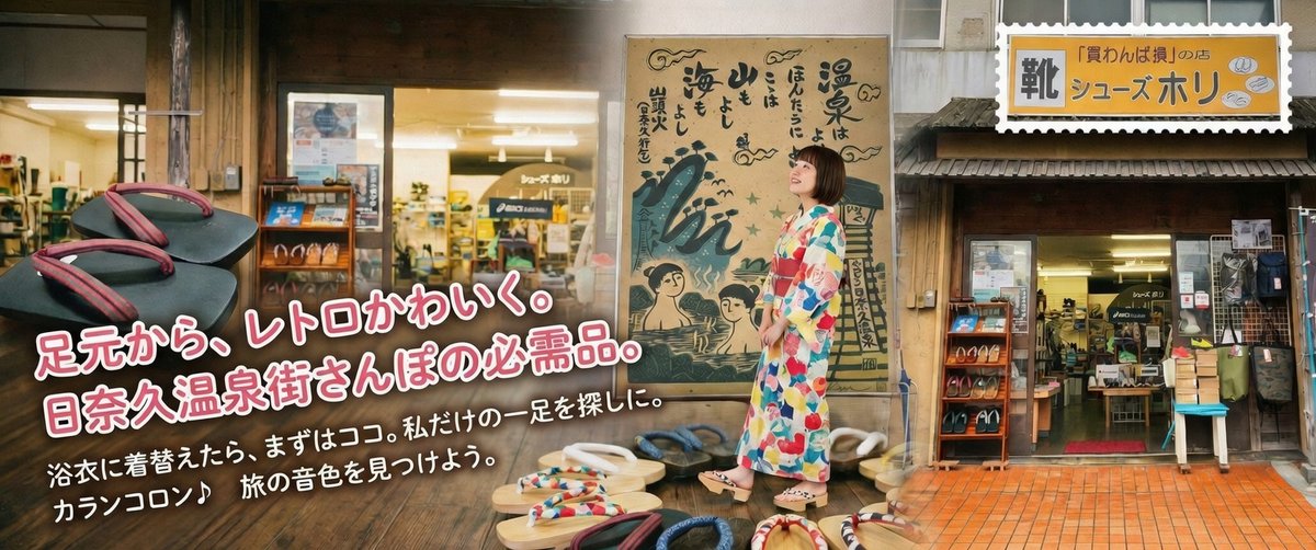 hinagu's tweet photo. 日奈久温泉の「ばんぺい湯」でゆったり体を温めたあと、ふらっと立ち寄りたくなる場所があります。🌿

目の前にある「シューズホリ」さんは、どこか懐かしいのに今の気分にぴったりの履物や、旅に欠かせないタオルが見つかる素敵なお店。

お店にある「山頭火」の言葉が添えられたフレームは、眺めているだけで旅情がふわりと膨らむ、隠れたフォトスポットでもあります。山もよし、海もよし。そんな風に心を解きほぐしてくれる、まさに「心の湯治」ができる場所なんです。🎥

「どんな履物が歩きやすいかな？」

「今の浴衣に合うのはどれ？」

迷ったら、ぜひ店長に相談してみてください。
あなたにぴったりの一足やアイテムを優しく提案してくれますよ。😊👟

次に日奈久温泉を訪れたとき、あなたの旅の思い出が少しでも鮮やかになりますように。そんな願いを込めて。🏡✨

#日奈久温泉 #シューズホリ #ばんぺい湯 #熊本旅行 #八代市 #山頭火 #温泉街散策 #浴衣女子 #下駄 #レトロ可愛い #心の湯治 #旅の思い出 #散歩の達人 #自分だけの一足 #日奈久