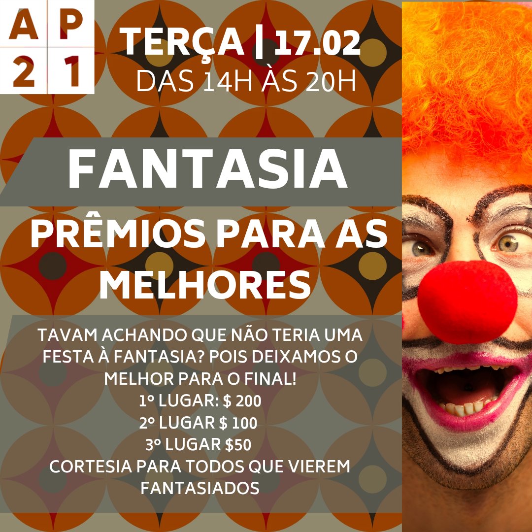 🎉  CARNAVAL NO CAFOFO 🎉
BAILE À FANTASIA  
Para fechar nossa programação de carnaval daremos cortesia a todos que vierem fantasiados e prêmios em dinheiro para as 3 melhores fantasias:

💰1° LUGAR $200
💰2° LUGAR $100
💰3° LUGAR $50
.
💥 Bora bombar a bagaça!