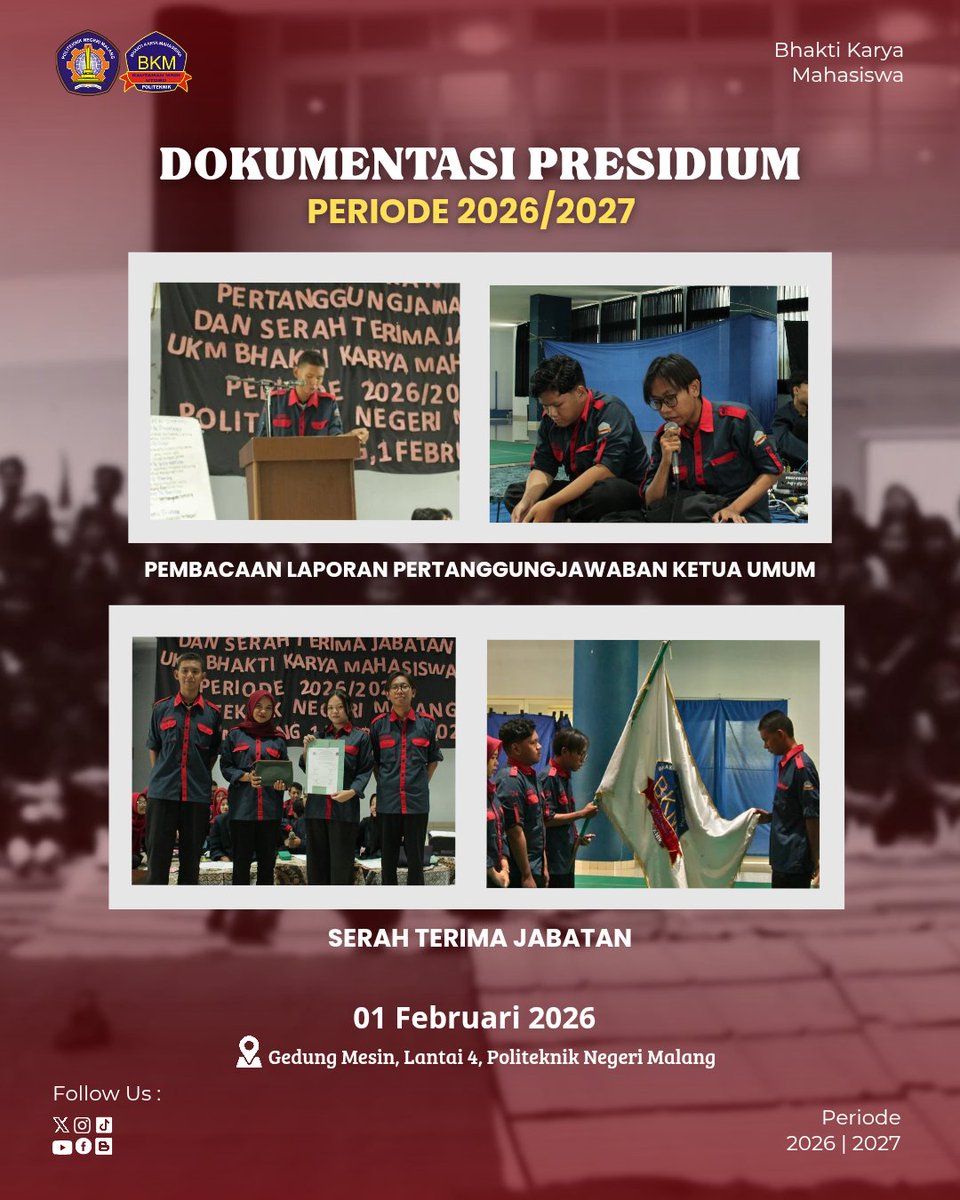 [PRESIDIUM UKM BHAKTI KARYA
MAHASISWA 2026/2027]

Hello Everyone!👋🏻

UKM Bhakti Karya Mahasiswa telah melaksanakan Presidium pada tanggal 10 Januari hingga 01 Februari 2026 di Politeknik Negeri Malang. 

Cek info selengkapnya di link bawah ini👇🏻
instagram.com/p/DUzUd2EEr1D/…